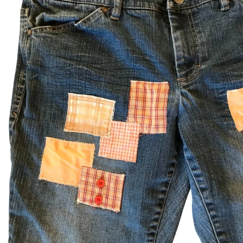 Upcycled Denim Cutoffs, Boho Patchwork Orange Brown Approx 10-12